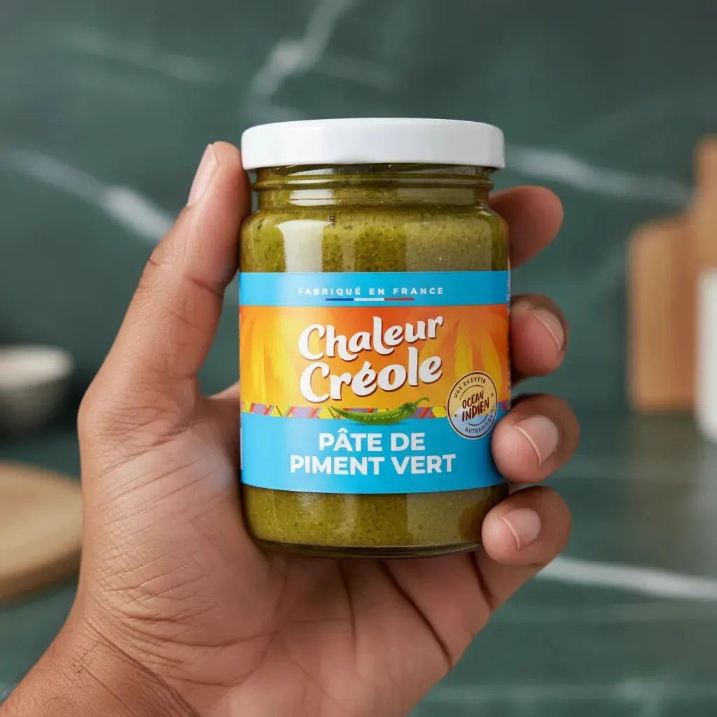 Main tenant un pot de pâte de piment vert Chaleur Créole - Condiment savoureux pour sauces et marinades créoles.